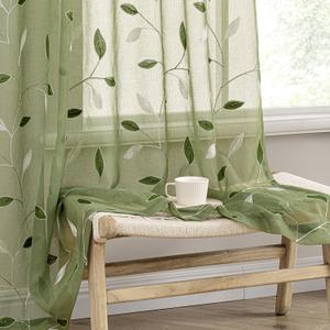 MIULEE Sage Green Sheer Curtains 2 Panels Embroidered Leaf Patterned Rod Pocket Floral Semi Sheer Faux Linen Window Curtains Drapes Set for Living Room Bedroom Dining Room, 52x84 Inches Long