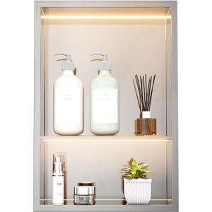 Stainless Steel LED Lights Shower Niche 12" x 18" Recessed 2-Tier Shower Shelf, 12"x12" Upper & 12"x6" Lower Storage, Modern Bathroom Wall Niche (Brushed), W12" x H18"