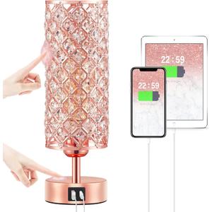 Hong-in Crystal Table Lamp - 3-Way Dimmable Touch Control, Rose Gold Bedside Lamp with USB C and A Ports, Nightstand Light for Living Room, Bedroom, Home Office (Bulb Included)