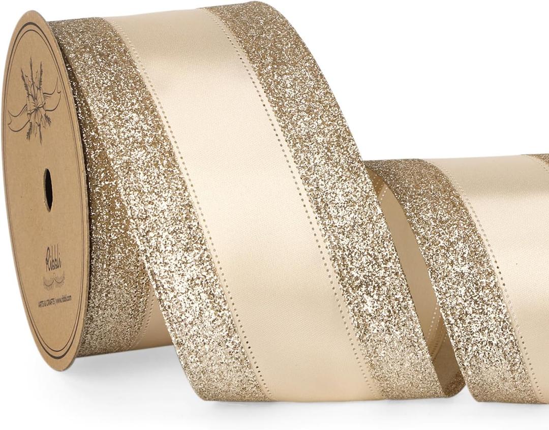 Ribbli Champagne Gold Wired Ribbon Satin with Glitter Edge 2.5 Inch Champagne Christmas Ribbon for Tree Gift Wrapping Wreaths Garland Topper Bows Crafts Home Decor -10 Yards