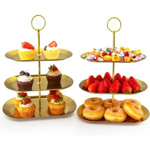2PCS 3 Tiers Stainless Steel Cupcake Stand 3 Tiers Fruit Tray Dessert Plate Dessert Stand for Party Cupcake Display Tower for Birthday Wedding Afternoon Tea (Gold)