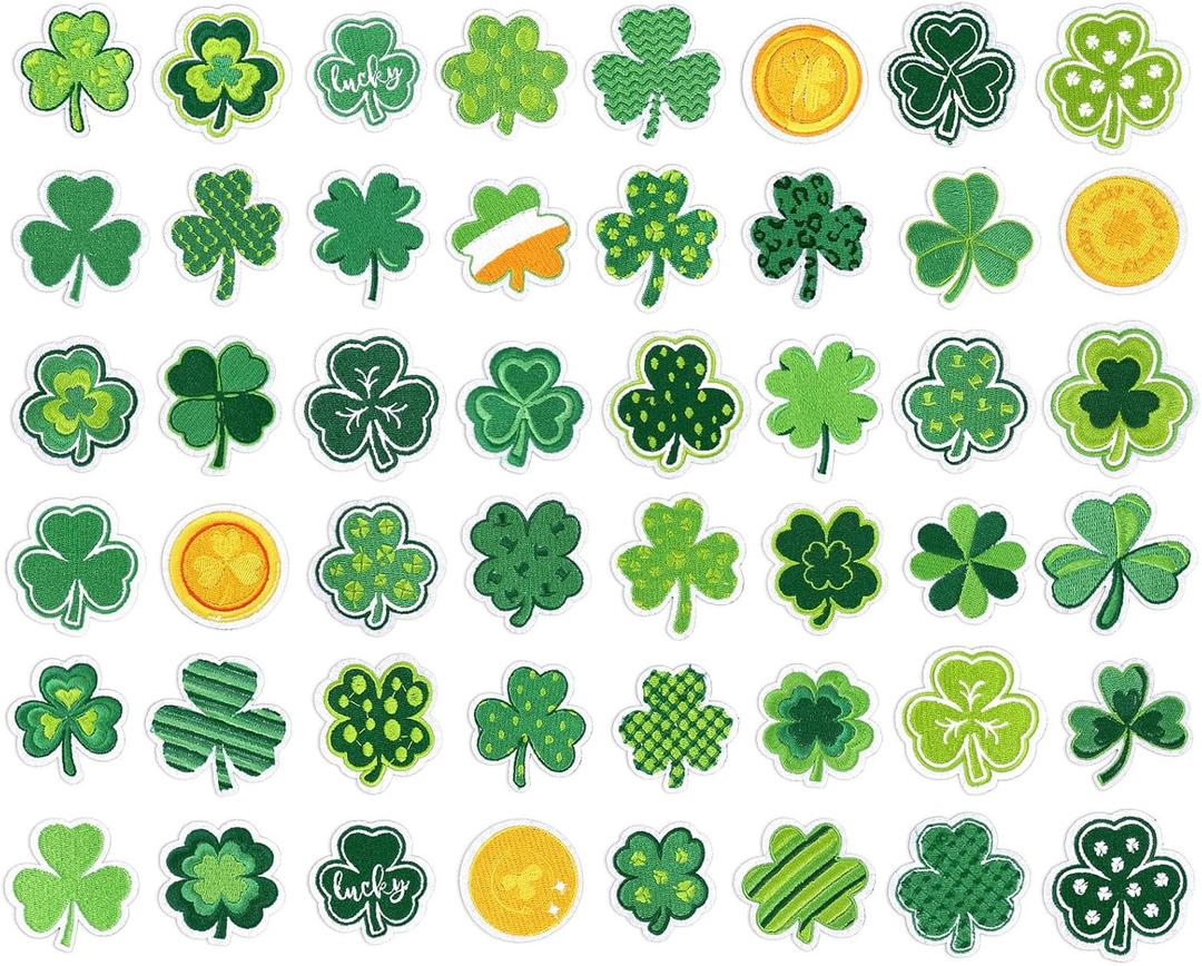 3 x JarThenaAMCS 48Pcs St. Patrick's Day Iron-On Sew-On Patch 2.4 Inch Shamrock Heat Transfer Iron Patches Lucky Clover Embroidered Cloth Patches for Irish DIY Crafts Clothing Fabric