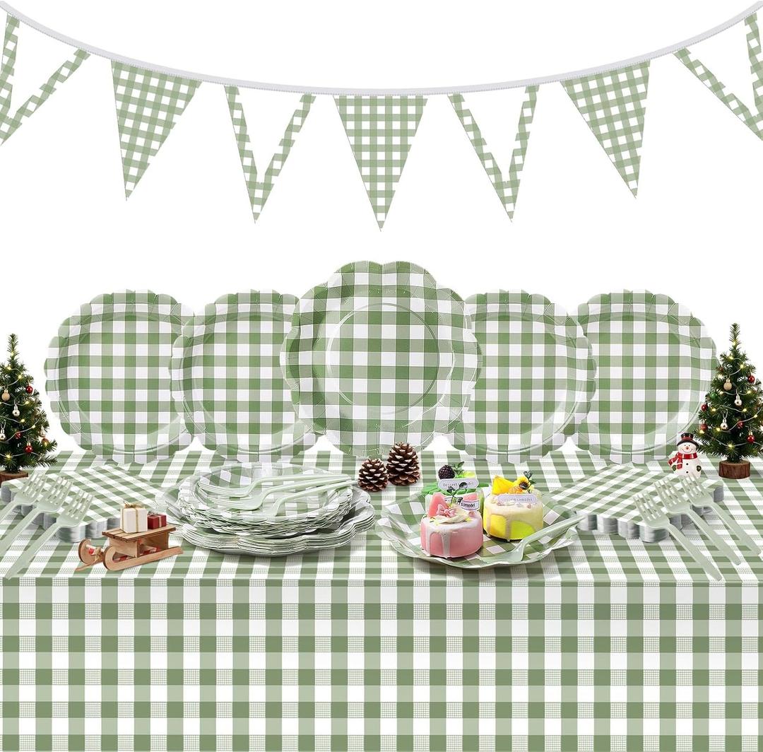 LemonRoad 102 Pcs Gingham Sage Green Party Supplies Set Disposable Checkered Paper Plates Napkins Forks Tablecloth Banner for Birthday Party Dinner Picnic Pizza Barbecue Wedding Mother's Day, Serve 25