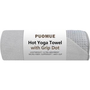 Puomue Hot Yoga Towel with Grip Dot, 72" x 24", Absorbent Microfiber Non Slip Yoga Mat Towel for Hot Yoga, Bikram, Pilates, Exercise and Fitness, Grey