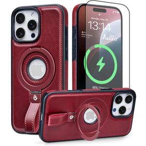 Butaiga for iPhone 15 Pro Max Leather Case with Stand, Anti-Slip Grip Ring, Fits for MagSafe (Burgundy, iPhone 15 Pro Max)