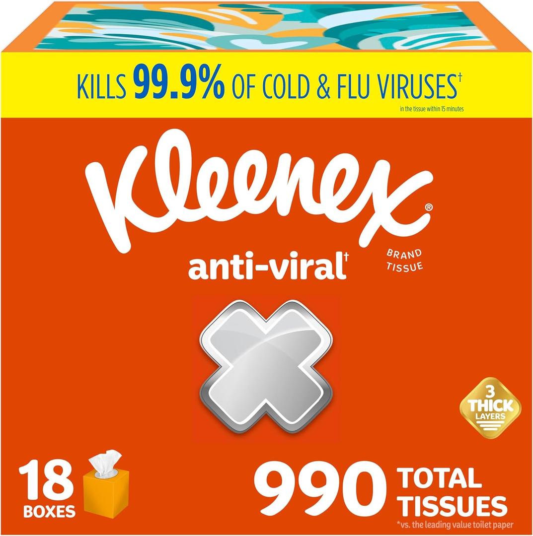 Kleenex Anti-Viral Facial Tissues, Classroom or Office Tissue, 18 Cube Boxes, 55 Tissues per Box, 3-Ply (990 Total Tissues) (White)