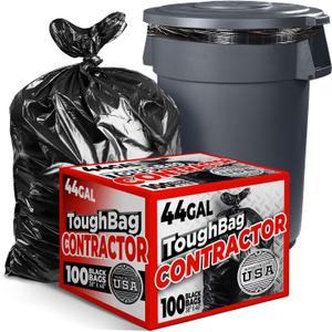 ToughBag 44 Gallon Commercial Trash Bags, 38x46 (100 COUNT)  39, 40, 42 Gallon Contractor Bags, Black Garbage Can Liners - Made in USA
