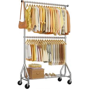 HYSEYY Heavy Duty Clothes Rack, Double Rod Clothing Rack for Hanging Clothes, Rolling Garment Rack, Adjustable Freestanding Wardrobe Closet Coat Rack for Bedroom Laundry Living Room, Silver