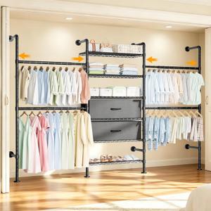 Wall Mounted Clothes Rack with 2 Drawers, 3 Row Expandable Closet