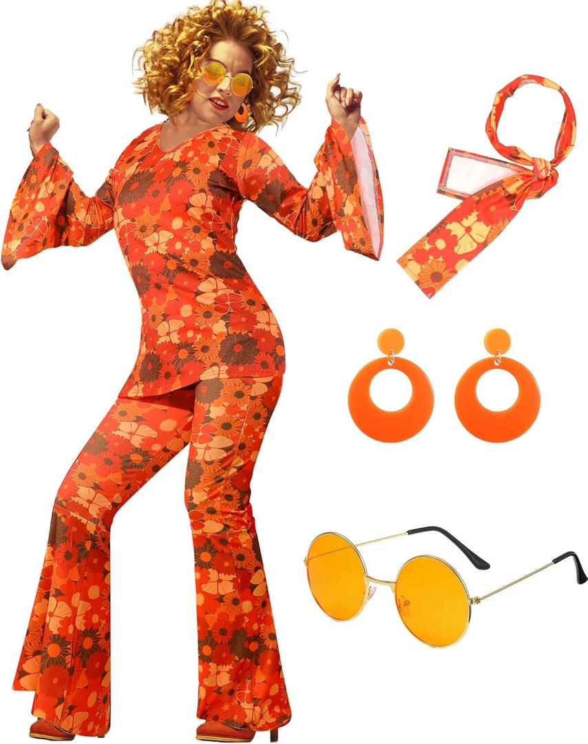 Leumoi 6 Pcs 60s 70s Disco Outfit Women Hippie Costume Accessories Flared Pants Headband Earrings Sunglass (XX-Large, Floral)