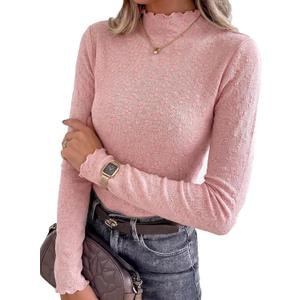 Women Long Sleeve Tops Ruffled Mock Neck with Delicate Floral, Soft Stretchy Breathable Lettuce Hem Casual Layering Tops (Pink, S)