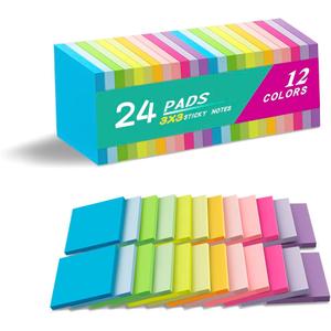 (24 Pads) Sticky Notes 3x3 Inches,Bright Colors Self-Stick Pads, Easy to Post for Home, Office, Notebook
