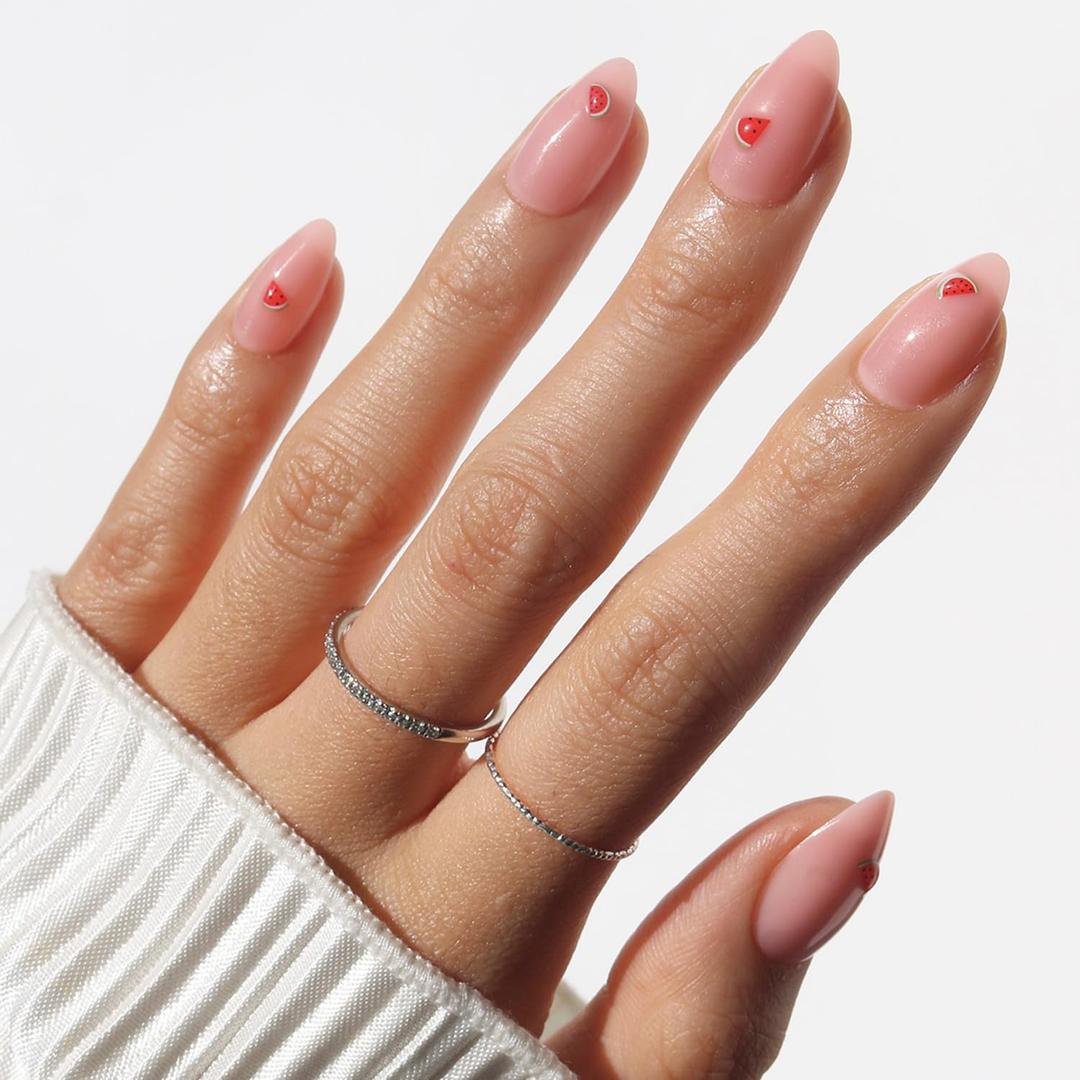 Glamnetic Press On Nails - Short Almond Fake Nails, Glossy Sheer Pink Nails with 3D Watermelon Design, Juicy Slice | 15 Sizes - 30 Nail Kit with Glue | Gift for Mom