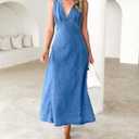 yoeasy Women's Summer Denim Dress Sleeveless V Neck High Waist Trendy Casual A Line Jean Maxi Dress (Blue) S
