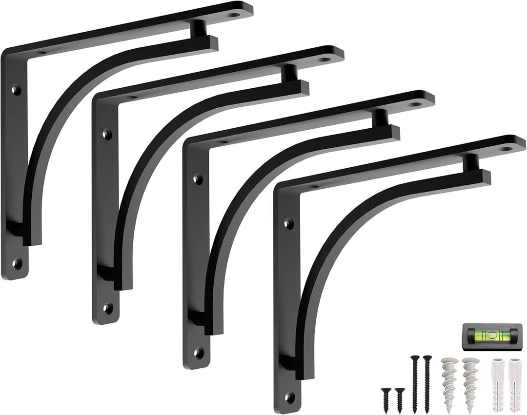 Classic Shelf Bracket Set by Balin Designs (Black) for 6 inch, 8, 10 inch Mantel Shelves L Brackets  Heavy Duty Decorative Metal Supports  Easy Installation with Hardware Included - Set of 4 (8 Inch, Black Classic)