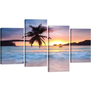 Pyradecor Sunrise Beach Theme Canvas Prints Wall Art Ocean Sea Pictures Paintings for Living Room Bedroom Home Office Decorations Modern 4 Piece Stretched Seascape Artwork