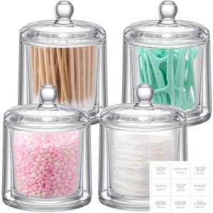 Maxdot 4 Pack Qtip Dispenser Apothecary Jars with Lids and Labels Glass Qtip Holder Storage Qtip Container Bathroom Organizers and Storage for Cotton Ball, Swabs, Makeup Sponges, Candy, Jewelry, Clear