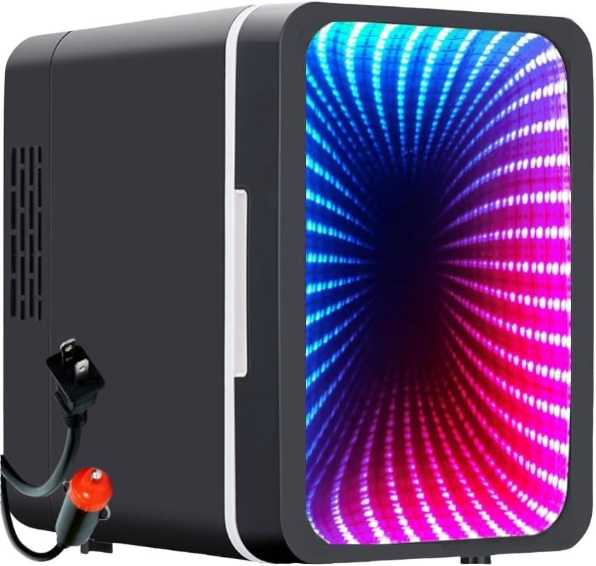 Mini Fridge, 6 Cans Small Refrigerator with Dimmable LED Light & Mirror Door, Portable Thermoelectric Cooler/Warmer for Bedroom, Office, Car and Gaming Room AC/DC Power