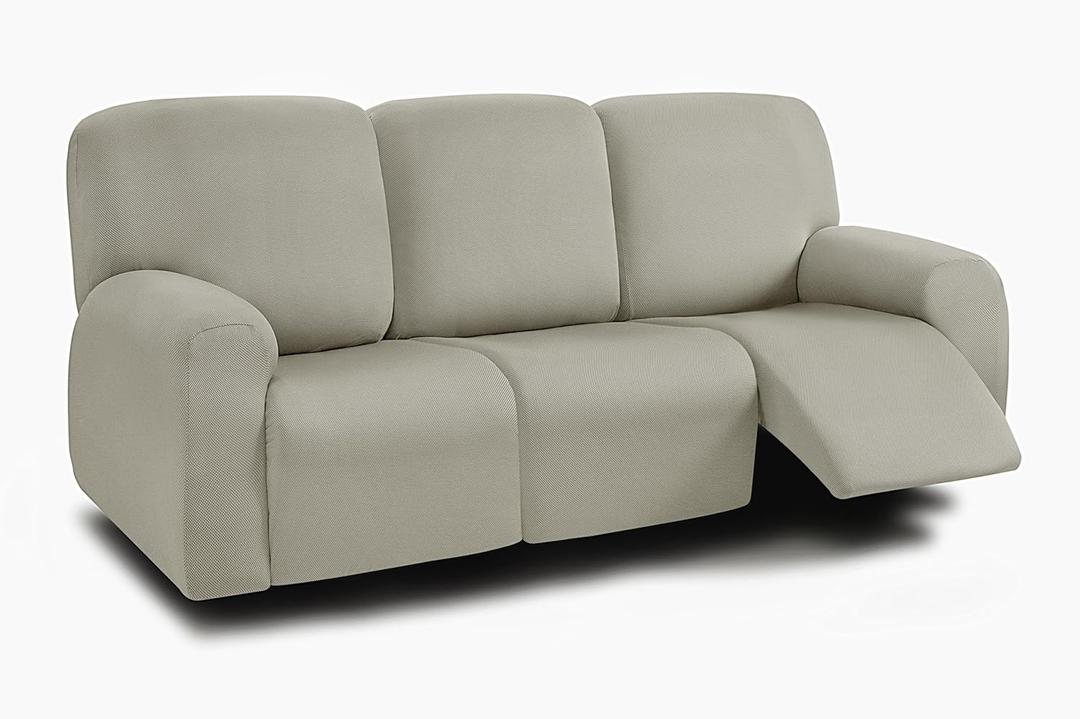 ULTICOR 8-Pieces Recliner Sofa Covers, Yarn Dyed Stretch Reclining Couch Covers for 3 Cushion Reclining Sofa Slipcovers Thick Soft Washable (Ivory, 3 Seater Recliner Cover)