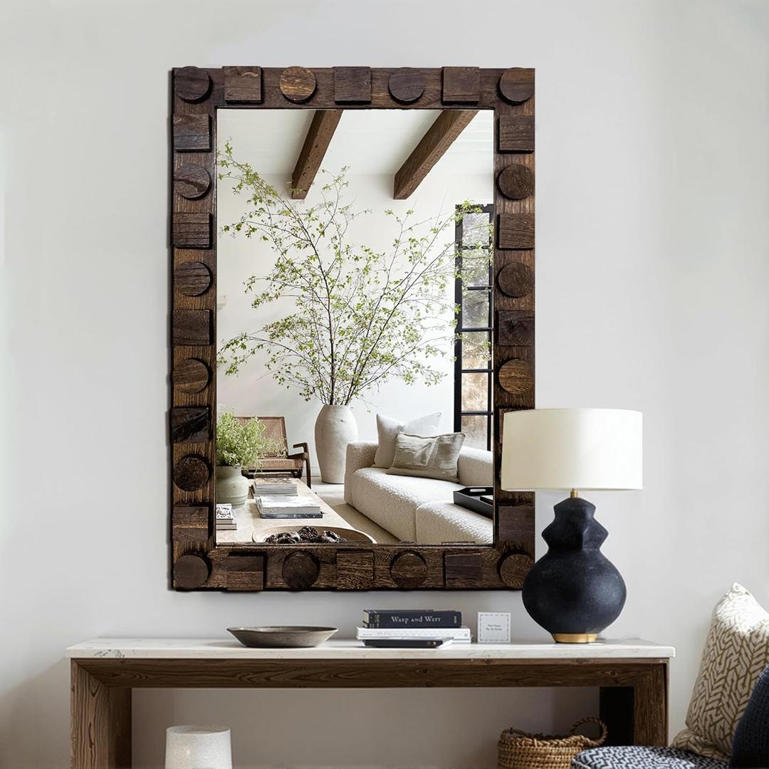 36x24 Inch Handcrafted Solid Wood Square Wall Mirror with Geometric Wood Inlay Design, Rustic Natural Texture for Bathroom, Bedroom, Living Room Decor (Dark Drown)