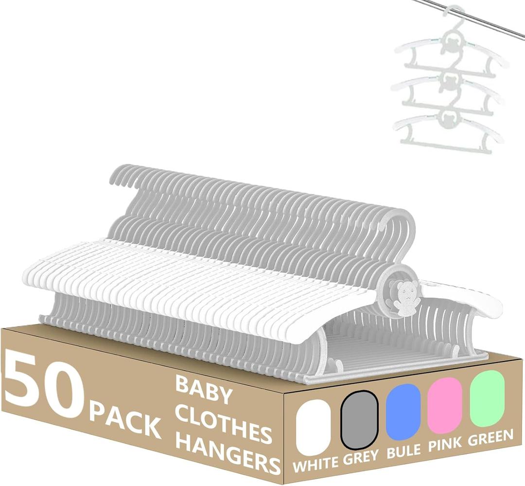 HGYZE Kid Hangers for Closet 50pcs, Grey Infant Clothes Hanger 11-14" Adjustable Plastic Baby Coat Perchas with Bear Hook, Non-Slip Children Outfit Hangars for Girl Boy Toddler Newborn Teen Clothing, Grey