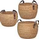 Round Wicker Woven Seagrass Storage Baskets with Leather Handles Set of 3, Natural Decorative Braided Rope Wicker Baskets Bins for Shelves Blankets Organizing, 13", 12" & 11"