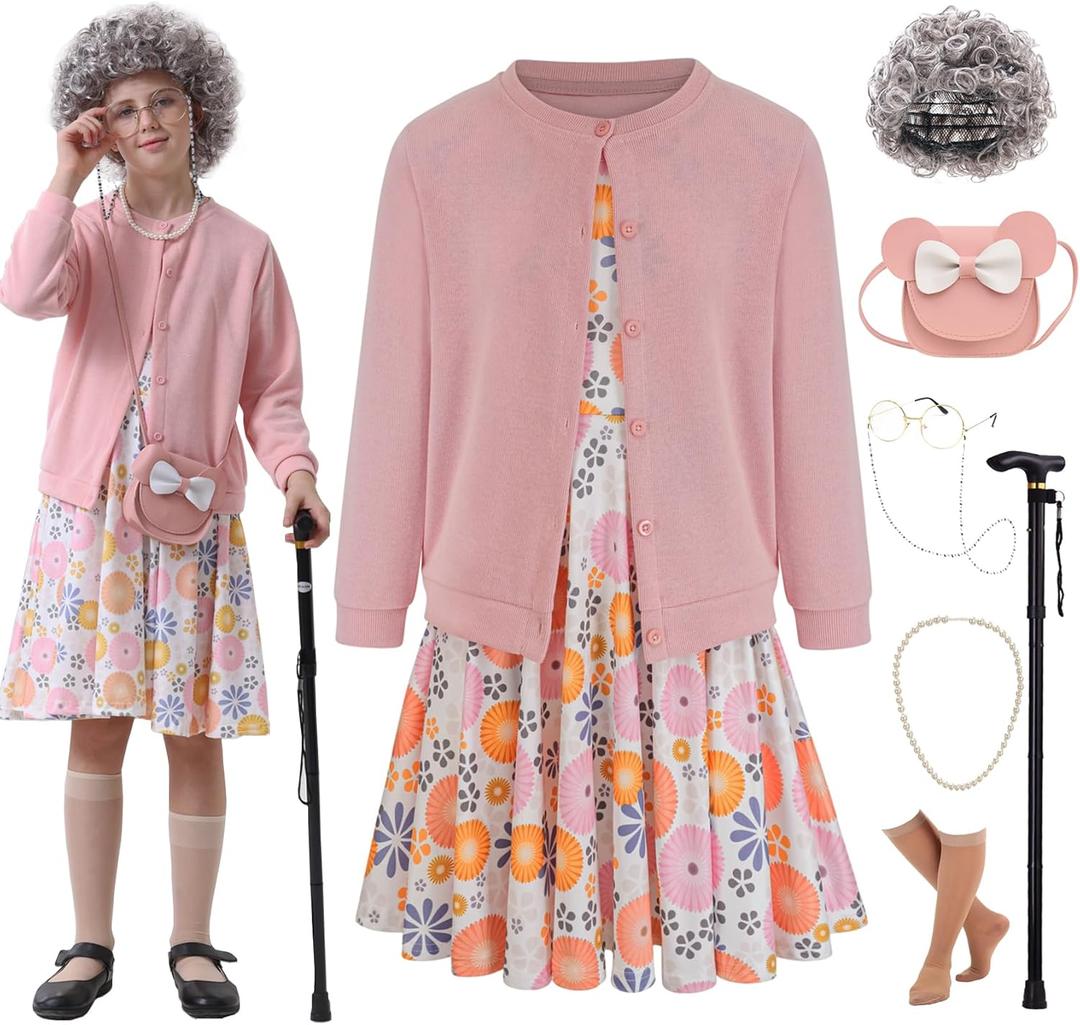100 Days of School Old Lady Costume for Kids 100th Grandma Granny Dress up for Girls (Small(5-7yr), Pink)