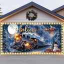 7x16ft Christmas Garage Door Banner with LED String Lights Polar Believe Train Garage Door Covers Large Pole Express Lighted Backdrop Decorations for Xmas Eve Holiday Indoor Outdoor Wall Decor(Train)