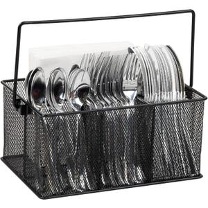 Mind Reader Multi-purpose Storage Caddy with Handle, Desktop Organizer, Cutlery Holder, 4 Compartments, Metal Mesh, Black