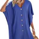 AI'MAGE Womens Swimsuit Cover Up Button Down Bathing Suit Coverups 3/4 Sleeve Beachwear Oversized Bikini Shirt Dresses S-XXL (Blue)