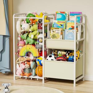 Kids Bookshelf and Toy Storage, 3 Tier Kids Book Shelf for Kid Rooms with Stuffed Animal Storage, Toy Storage Organizer, Stuffed Animals Zoo Storage Cage for Bedroom, Nursery, Playroom (Beige)