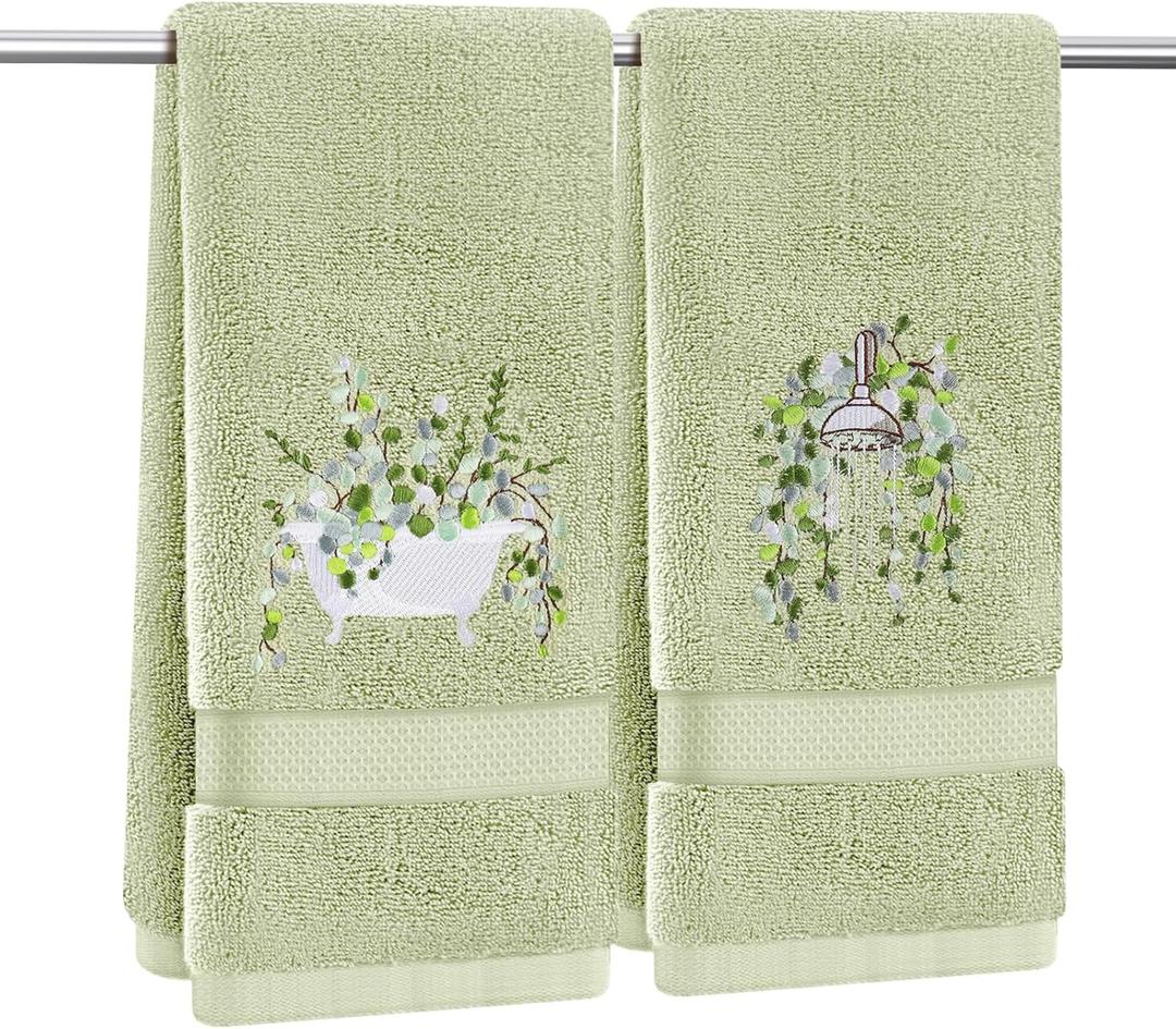 2 Pcs Eucalyptus Hand Towels for Bathroom Decorative Sage Green Eucalyptus Towel Embroidered 100% Cotton Green Leaves Hand Towels 13.4x29Inch for Bathroom Kitchen Décor (Green, Eucalyptu)