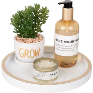 Bathroom Counter Tray Wooden Decorative Tray Round Perfume Organizer Kitchen Soap Organizer Vanity Storage for Candle, Sink, Home Decor, 9 Inch, White+gold