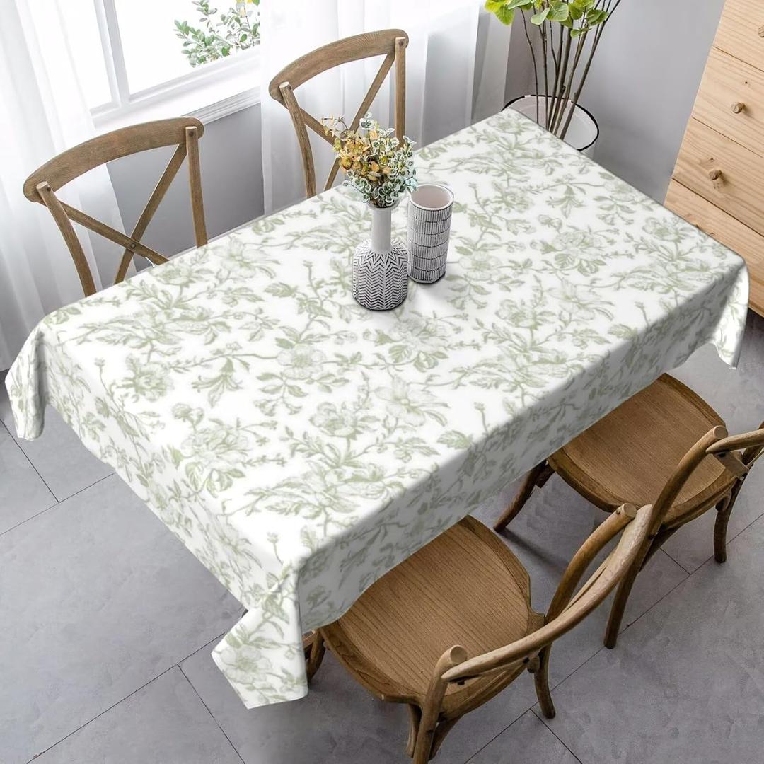 Sage Green Floral Tablecloth Rectangle 60x84 Inch Light Green Chinoiserie Flower Table Cloth Polyester Fabric Vintage Spring Summer Flowers Farmhouse Table Cover for Home Party Picnic Outdoor Decor