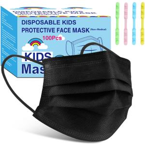 Rasav Kids Disposable Face Masks,3 Ply Kids Masks Disposable Breathable Colorful Cute Face Masks for Children, Girls & Boys (100 pcs Not Individually wrapped Black)
