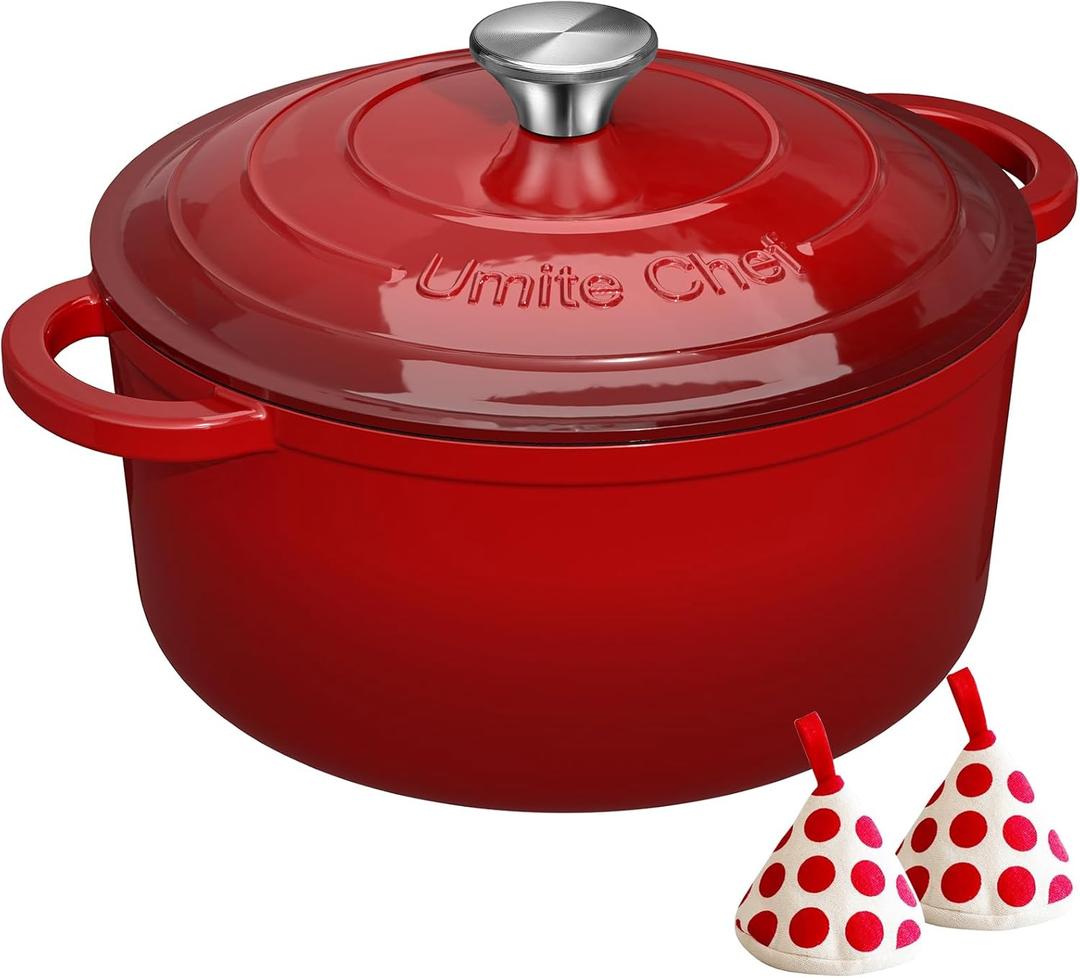 Enameled Cast Iron Dutch Oven  Umite Chef 5QT Pot with Lid & Cotton Potholders  HeavyDuty Cookware for Bread Baking, Braising, Stews, Roasting(Red)