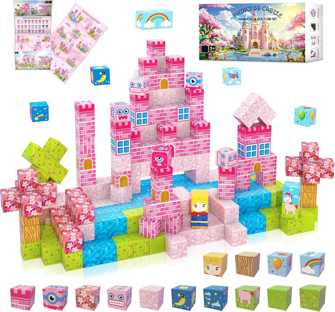 Princess Castle Toys Magnetic Building Blocks for Kids Ages 4-8,Magnet STEM Sensory Toys (Pink Castle, PCS, 100)