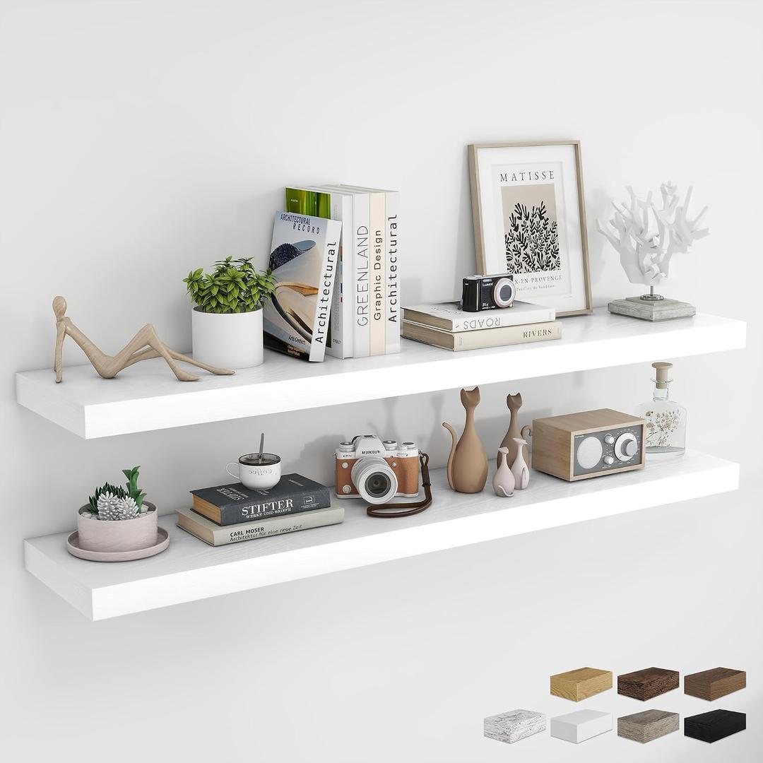 RICHFOCUS 55Inch Floating Shelves for Wall 2 Pack Shelves for Bedroom|Kitchen|Bathroom Wall Mounted Rustic Wood Floating Shelf with Invisible Brackets for Books|Storage|Decor, White