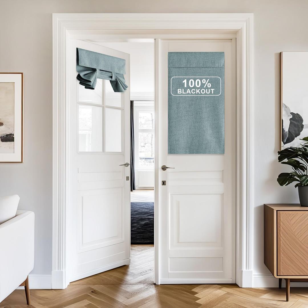 NICETOWN Linen Curtain for French Door - 100% Blackout Self Adhesive Window Curtain Thermal Insulated Privacy Door Blinds for Sidelight Curtains, 26 x 64 inch Long, Skylark Blue, 1 PC
