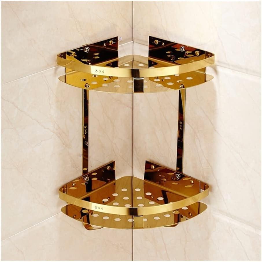 Shower Shelf Racks Wall Mounted Corner Shelf with Hooks, Polished Gold, Stainless Steel, Bathroom Shower Accessories, Kitchen Organizer Rack Shower Caddy