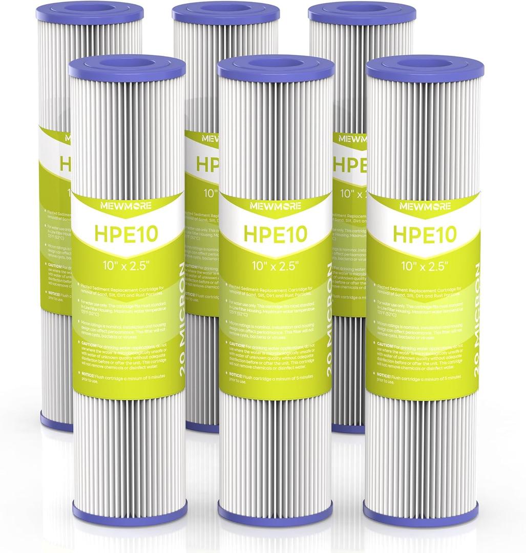 20 Micron Whole House Water Filter Cartridge, Pleated Sediment Filters for Well Water, Universal Replacement for Any 10 inch RO Unit - 10" x 2.5" Cartridges - Pack of 6