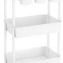 JIUYOTREE 3-Tier Plastic Rolling Storage Cart Utility Cart with Extra Hanging Cups Handles Lockable Wheels for Living Room Bathroom Kitchen Office White