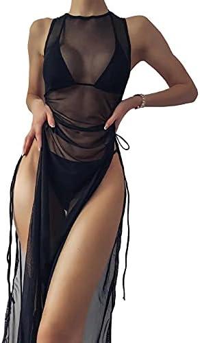 Verdusa Women's Swimsuit Mesh Cover Up High Split Drawstring Bikini Long Dress L