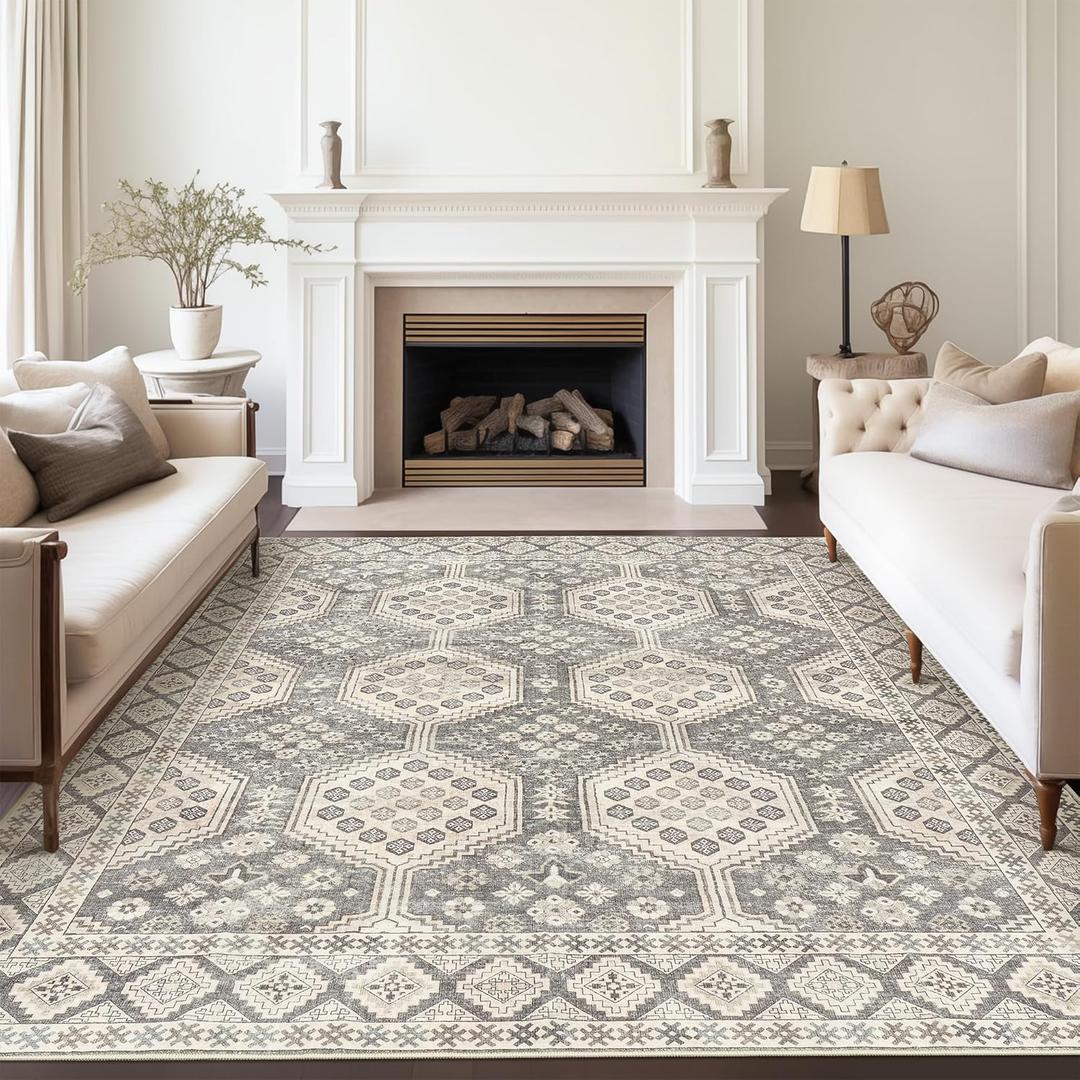 Art&Tuft Area Rug 8x10, Super Soft Ultra-Thin Moroccan Washable Rug, Anti-Slip Backing Rugs for Living Room, Foldable Geometric Machine Washable Area Rug(Brown, 8'x10')