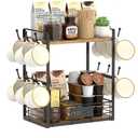 Coffee Mug Rack with 12 Hooks, 2-Tier Coffee Cup Holder with Shelf and Storage Basket, Kitchen Mug Organizer for Bar Kitchen Déco
