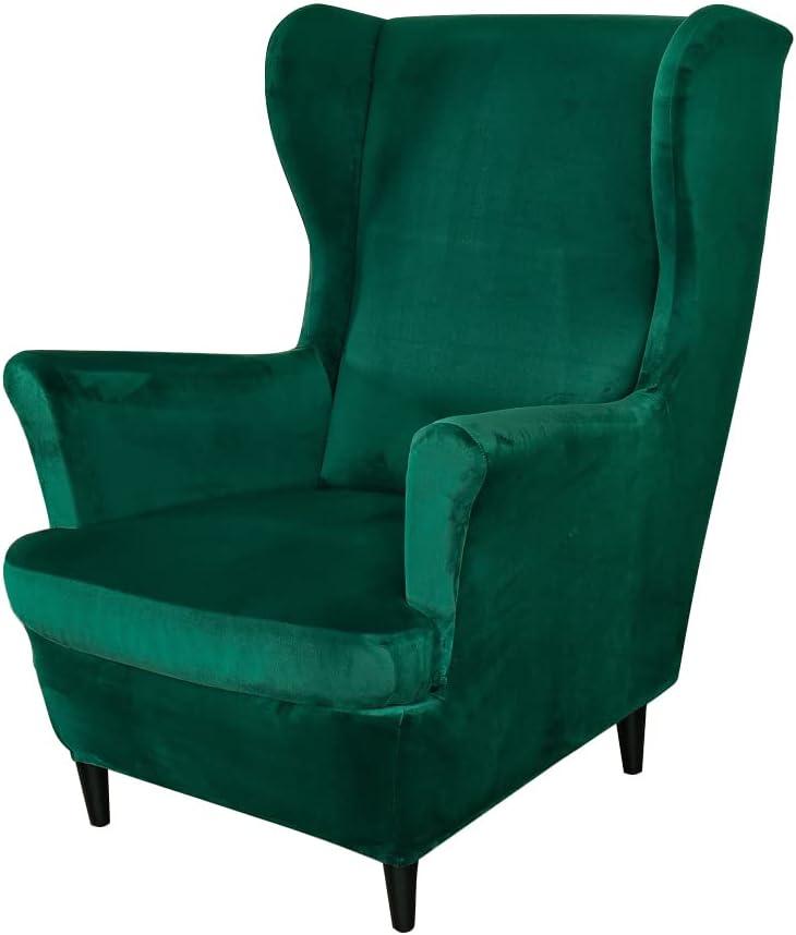 Wing Chair Slipcovers, 2 Piece Stretch Wingback Chair Cover Soft Velvet Armchair Covers with Elastic Bottom for Living Room Bedroom (Dark Green)