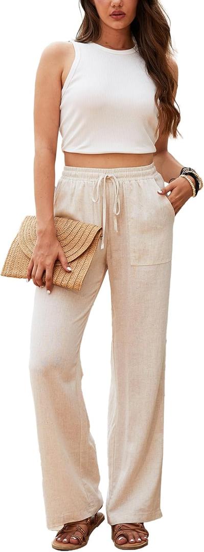 Beautiful Nomad Women's Linen Pants High Waisted Straight Pant Casual Flowy Wide Leg Drawstring Trousers with Pockets (Medium, Beige)