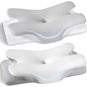 Cervical Neck Pillow for Pain Relief Sleeping, Cooling Ergonomic Contour Side Sleeper Pillow for Neck Support, Odorless Soft Memory Foam Orthopedic Bed Rest Pillow for Back Stomach Sleeper, Grey