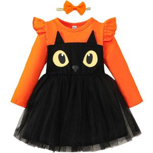 Noubeau Toddler Baby Girl Halloween Outfits Long Sleeve Ruffle Fall Winter Dress Layers Tulle Skirt Set Halloween Dresses (Black)