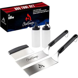 Blackstone-Compatible 5-Piece Griddle Spatula Set - 3mm Heavy-Duty Stainless Steel Tools w/ Scraper & 2 BPA-Free Oil Bottles - Fits Blackstone/Camp Chef - Ideal for Hibachi, Camping BBQ & Grill Gift